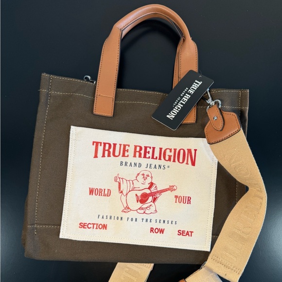 True Religion Brown Canvas Tote Bag - Olive Color with Beige Strap - NWT - Picture 1 of 8